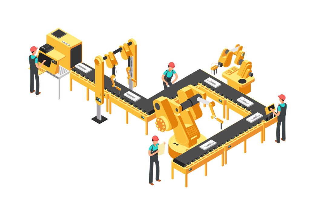 Automated Production Line Factory Conveyor With Workers And Robotic