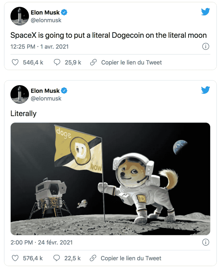 tweet d'Elon Musk pour ses 51 millions de followers sur lequel on pouvait lire "Doge Barking at the Moon" (« Chien aboyant à la lune »). 