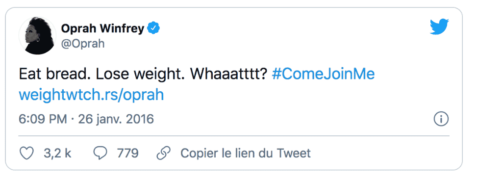 tweet d’Oprah Winfrey qui, le mardi 26 janvier 2016, annonçait qu'elle avait perdu 26 pounds, soit 12 kilos, tout en continuant à manger du pain.