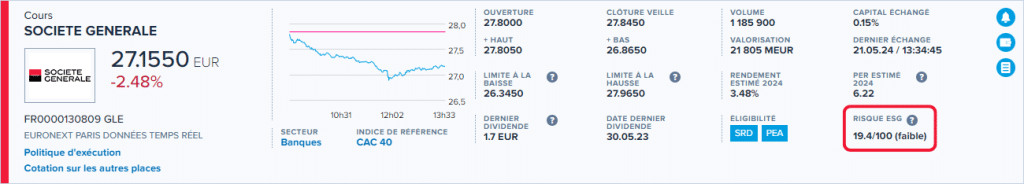 risque esg de société générale (consultable via boursorama bourse)