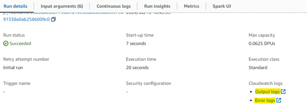 accès au logs d'exécutions et aux logs d'erreurs depuis l'onglet run details