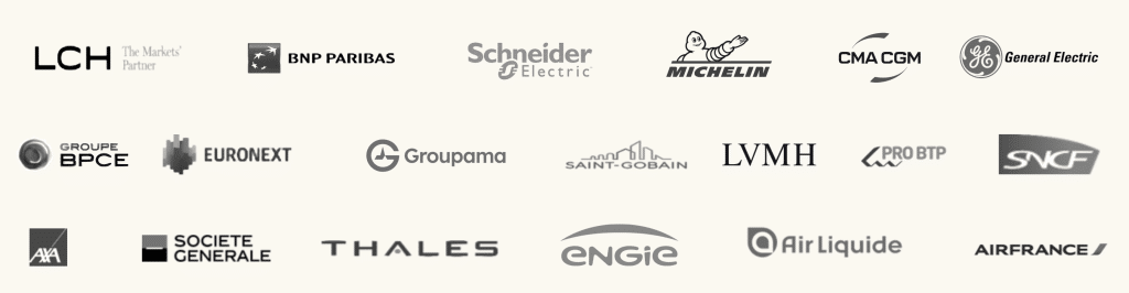 pleusieurs logos cliens Meritis en noir et blanc LCH BNP Paribas BPCE etc. tout secteur